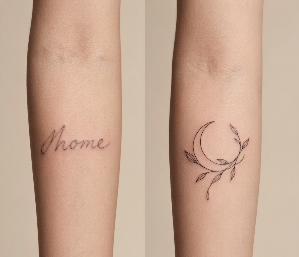 Before and after: an outdated name tattoo reimagined as botanical line art with AI redesign
