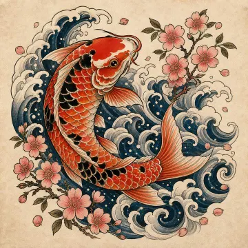 Example RedoInk result: Japanese koi and waves tattoo design